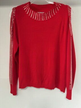Liv Milano Women’s L Red Embellished Sweater Rhinestone Detail Long Sleeve Soft